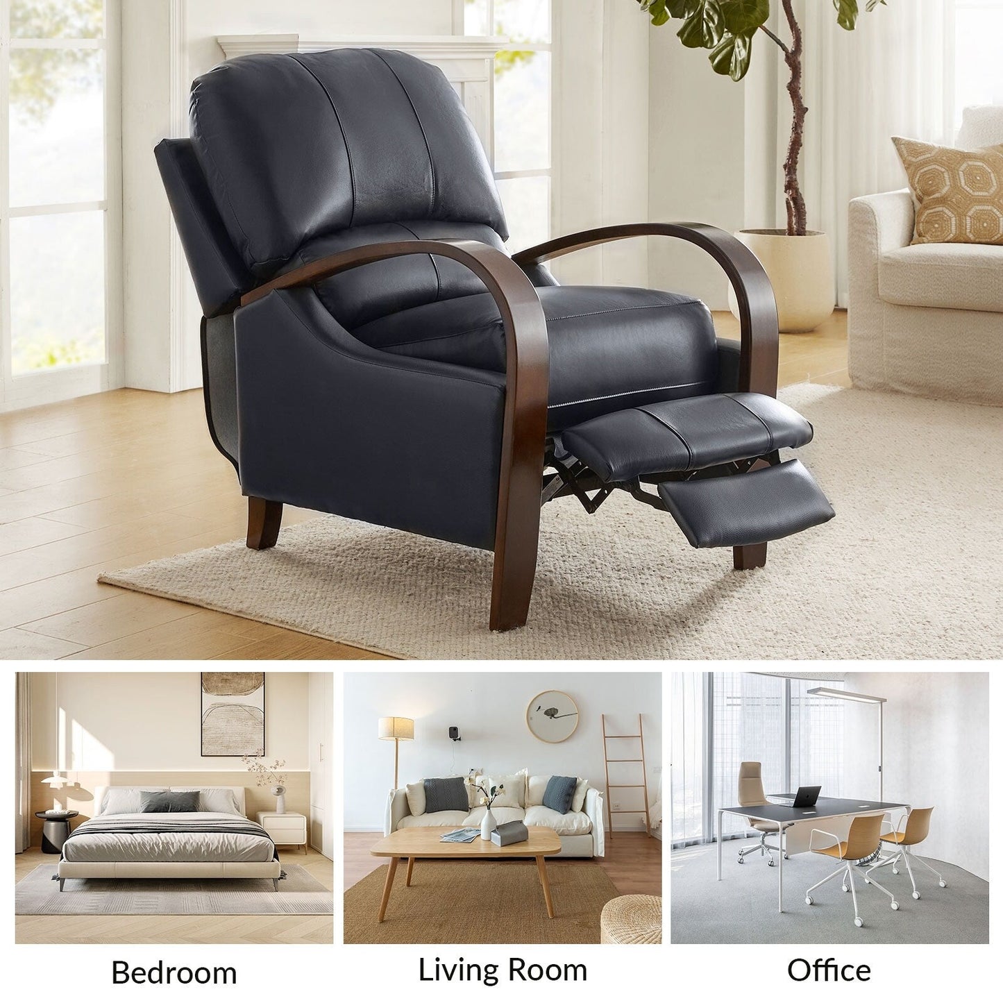 Poltrona reclinabile manuale Alex Mid-Century Modern in vera pelle con braccioli curvi in ​​legno, set da 2