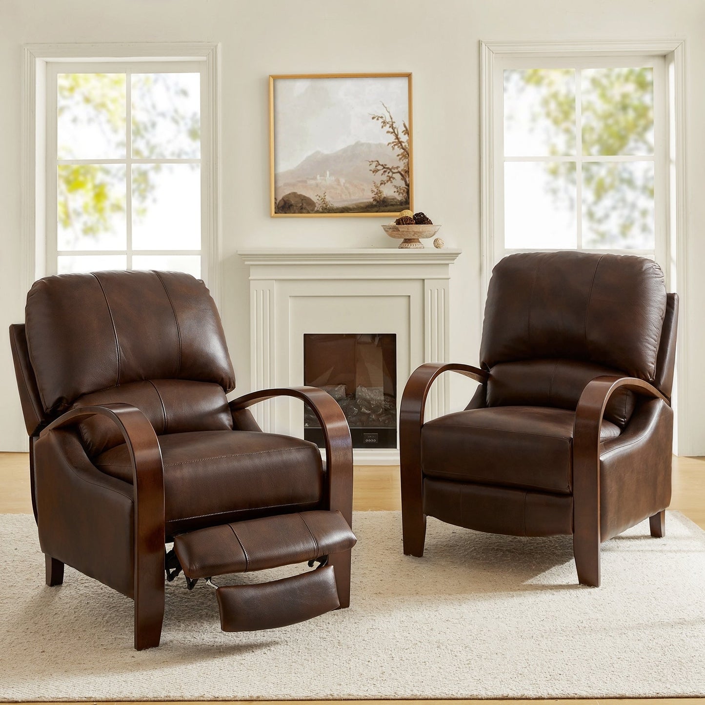 Poltrona reclinabile manuale Alex Mid-Century Modern in vera pelle con braccioli curvi in ​​legno, set da 2