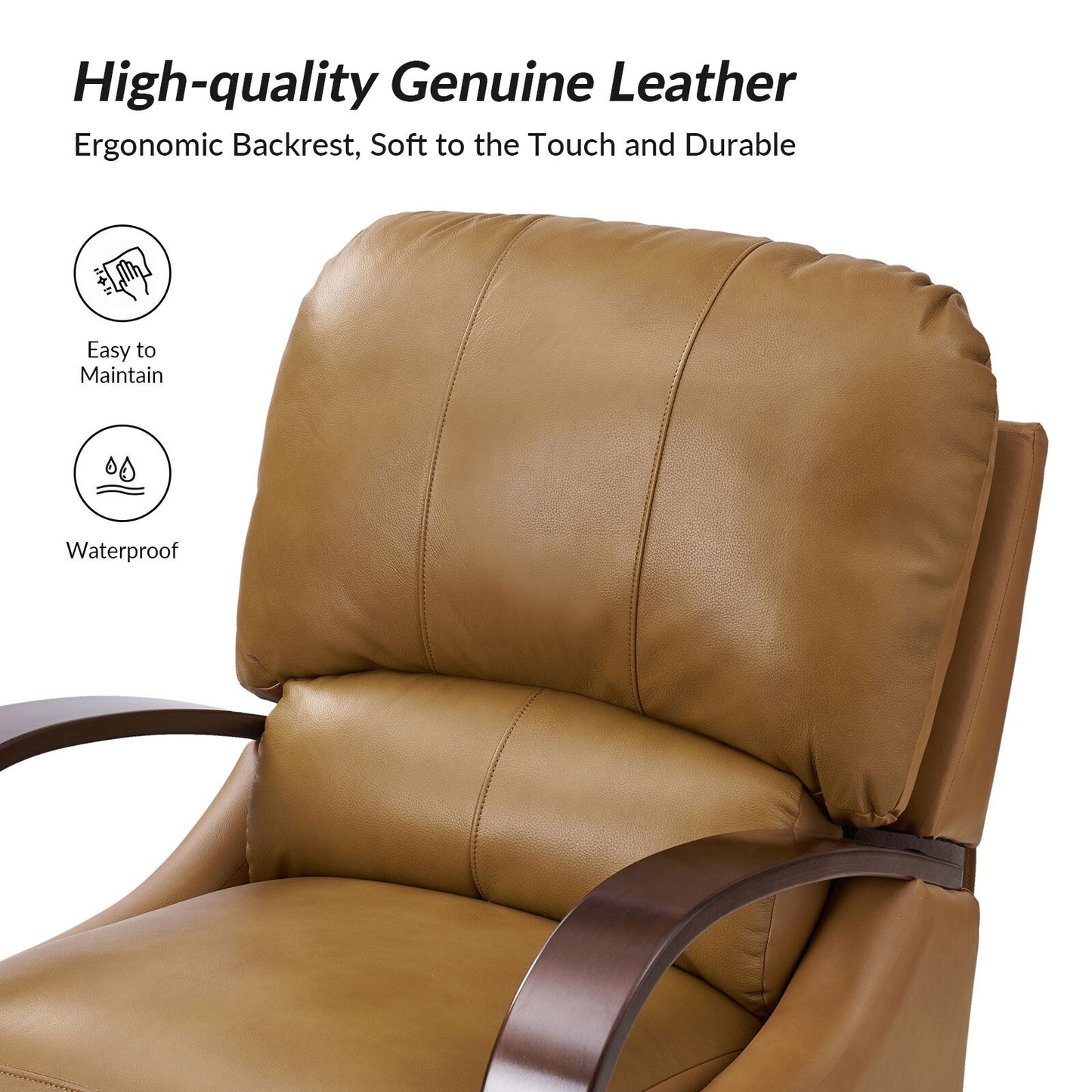 Poltrona reclinabile manuale Alex Mid-Century Modern in vera pelle con braccioli curvi in ​​legno, set da 2