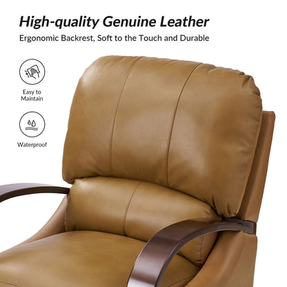Poltrona reclinabile manuale Alex Mid-Century Modern in vera pelle con braccioli curvi in ​​legno, set da 2