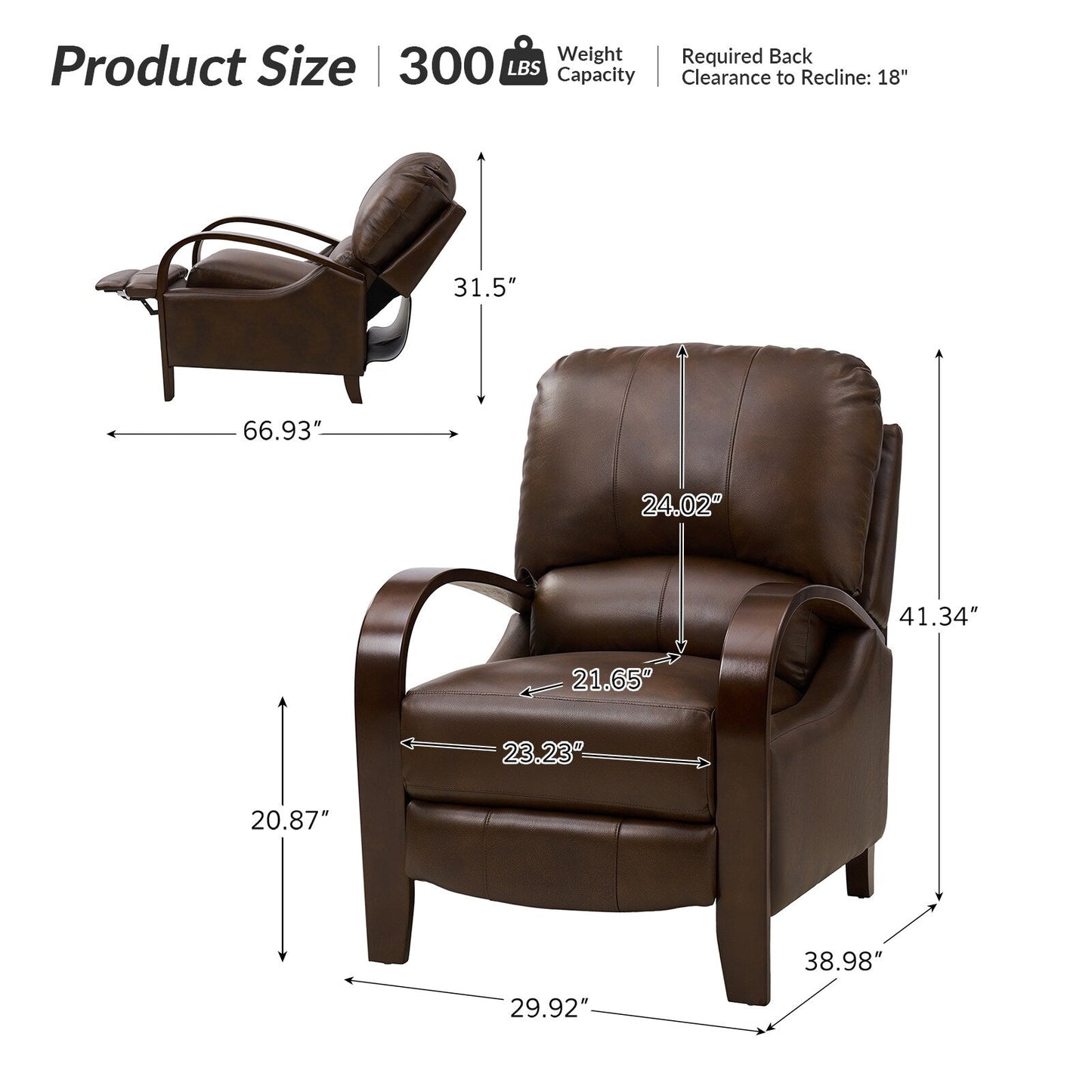 Poltrona reclinabile manuale Alex Mid-Century Modern in vera pelle con braccioli curvi in ​​legno, set da 2