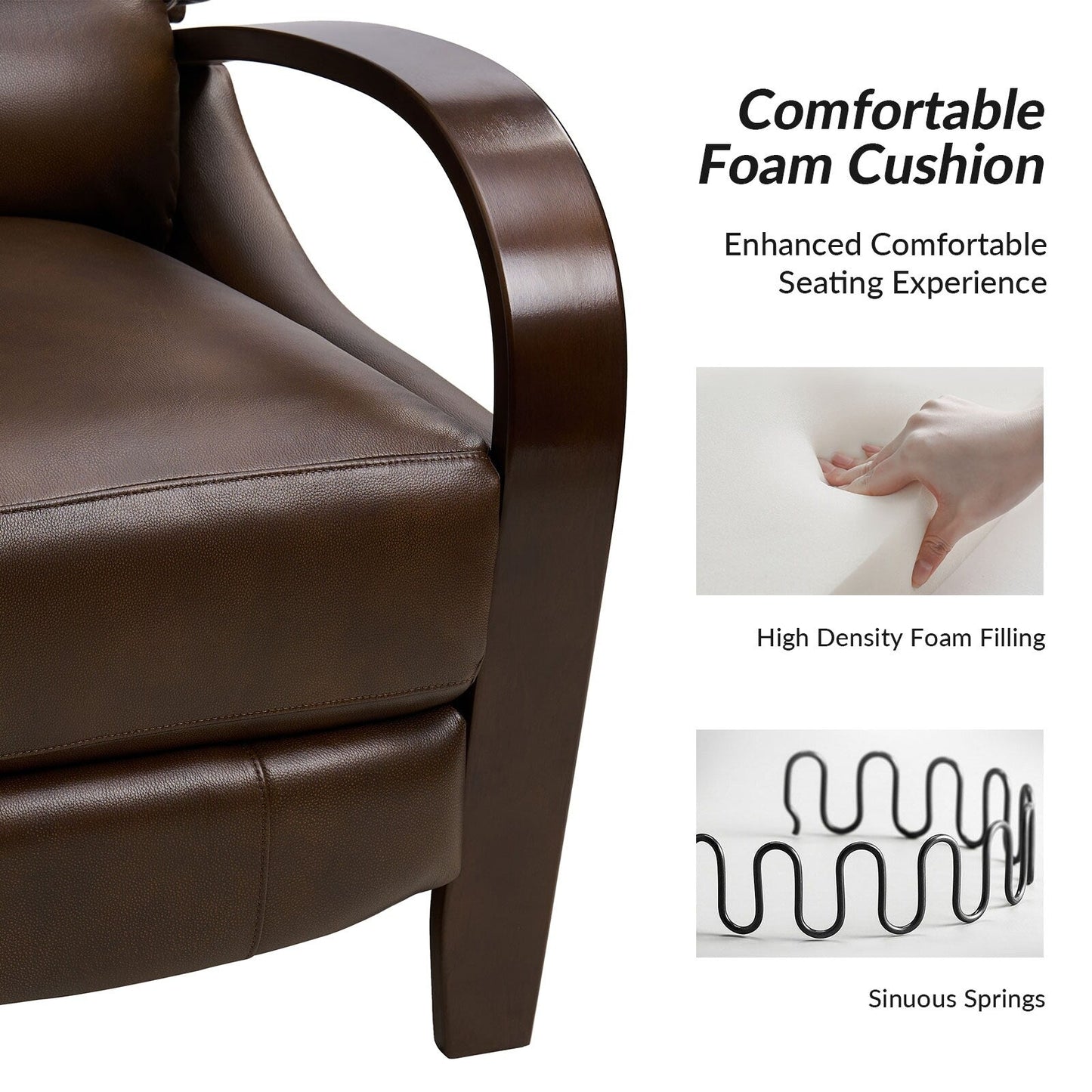 Poltrona reclinabile manuale Alex Mid-Century Modern in vera pelle con braccioli curvi in ​​legno, set da 2