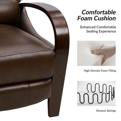 Poltrona reclinabile manuale Alex Mid-Century Modern in vera pelle con braccioli curvi in ​​legno, set da 2