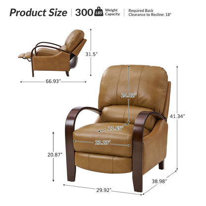 Poltrona reclinabile manuale Alex Mid-Century Modern in vera pelle con braccioli curvi in ​​legno, set da 2