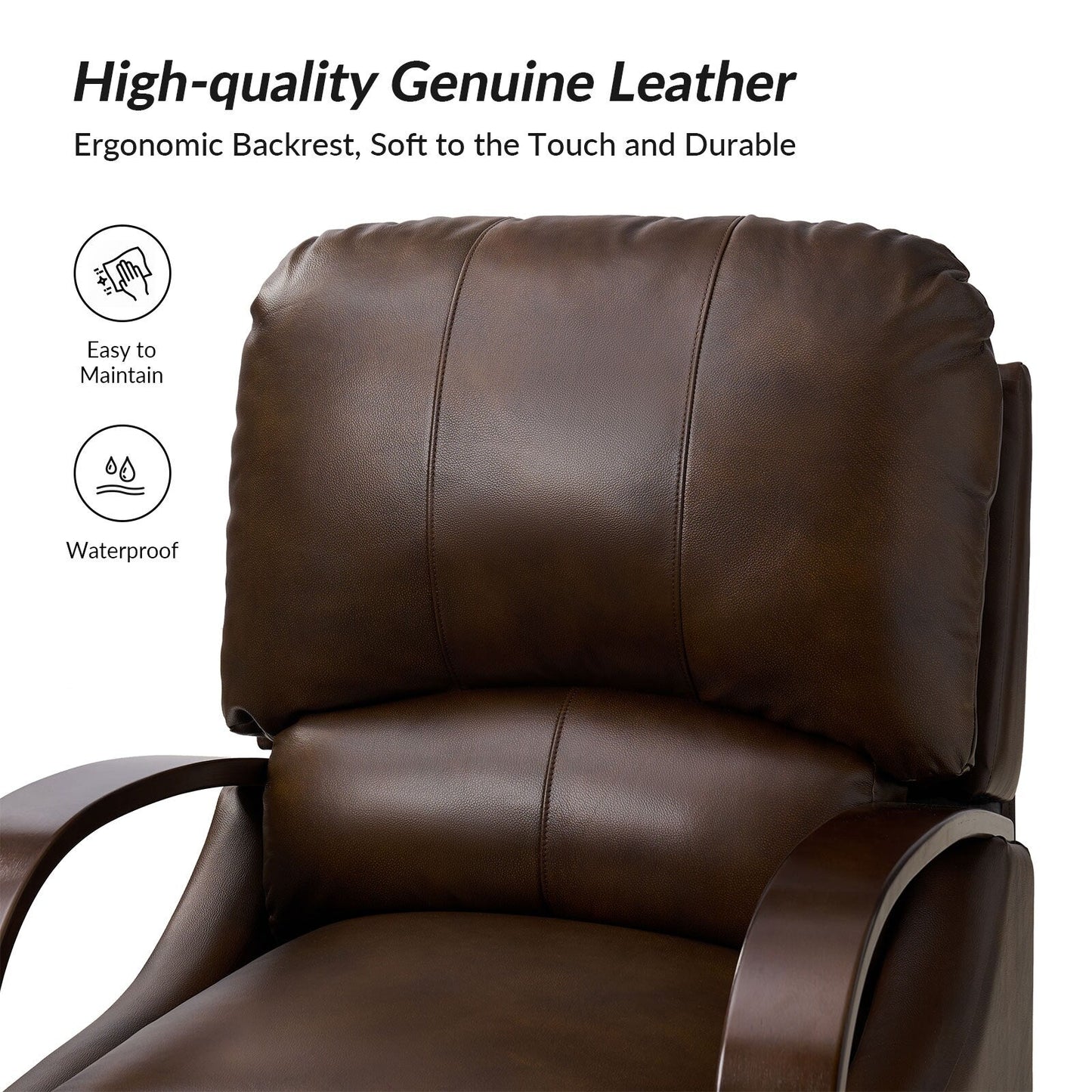 Poltrona reclinabile manuale Alex Mid-Century Modern in vera pelle con braccioli curvi in ​​legno, set da 2