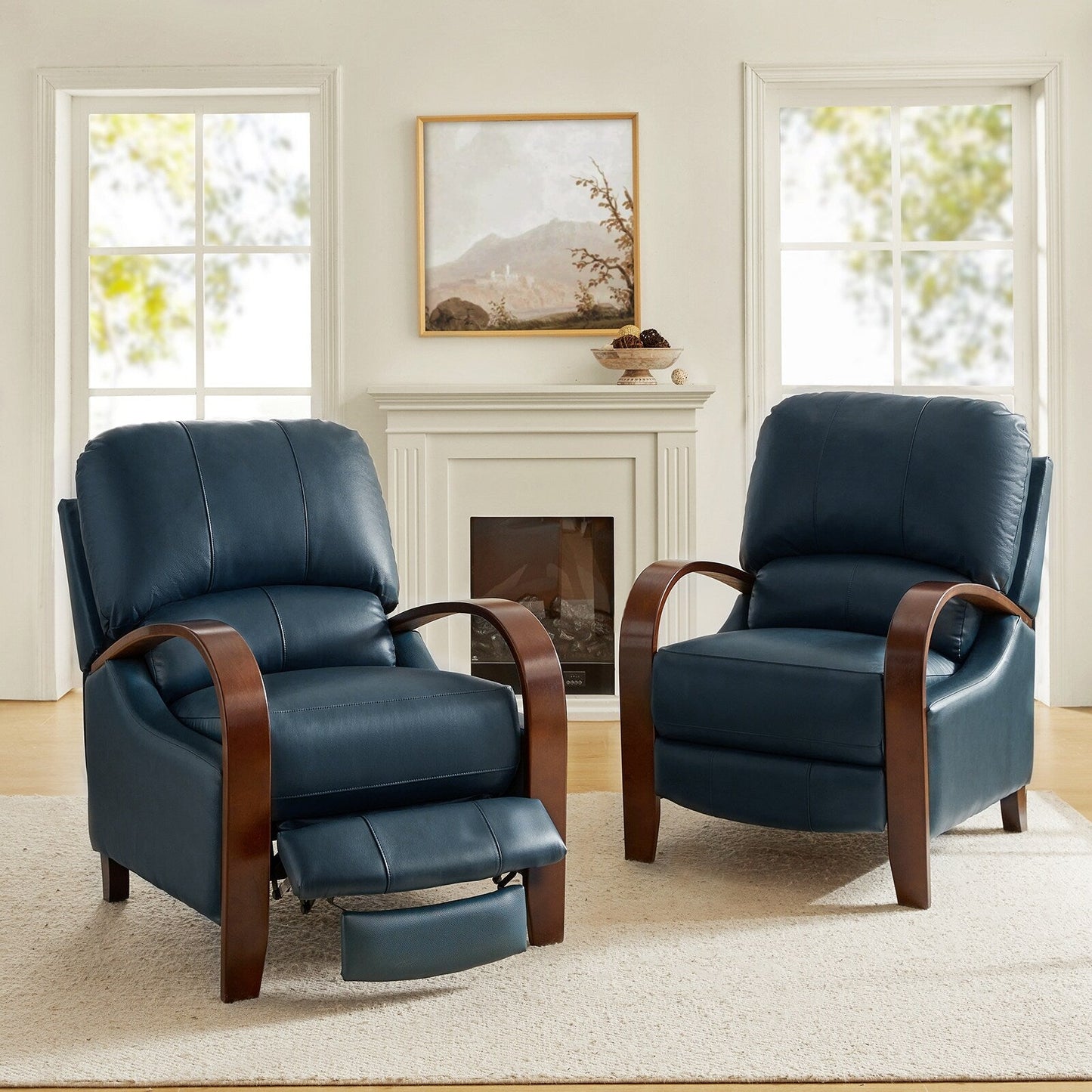 Poltrona reclinabile manuale Alex Mid-Century Modern in vera pelle con braccioli curvi in ​​legno, set da 2