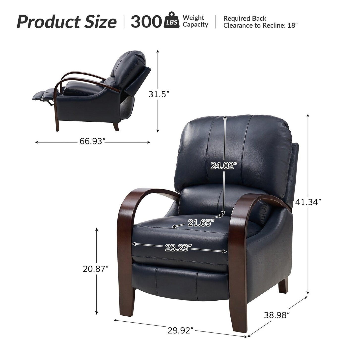 Poltrona reclinabile manuale Alex Mid-Century Modern in vera pelle con braccioli curvi in ​​legno, set da 2