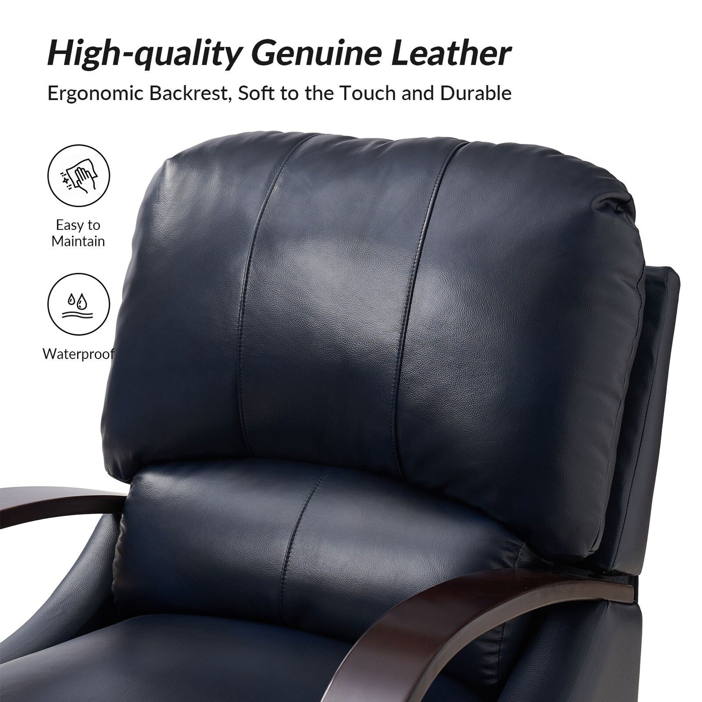 Poltrona reclinabile manuale Alex Mid-Century Modern in vera pelle con braccioli curvi in ​​legno, set da 2