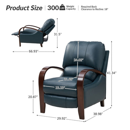Poltrona reclinabile manuale Alex Mid-Century Modern in vera pelle con braccioli curvi in ​​legno, set da 2
