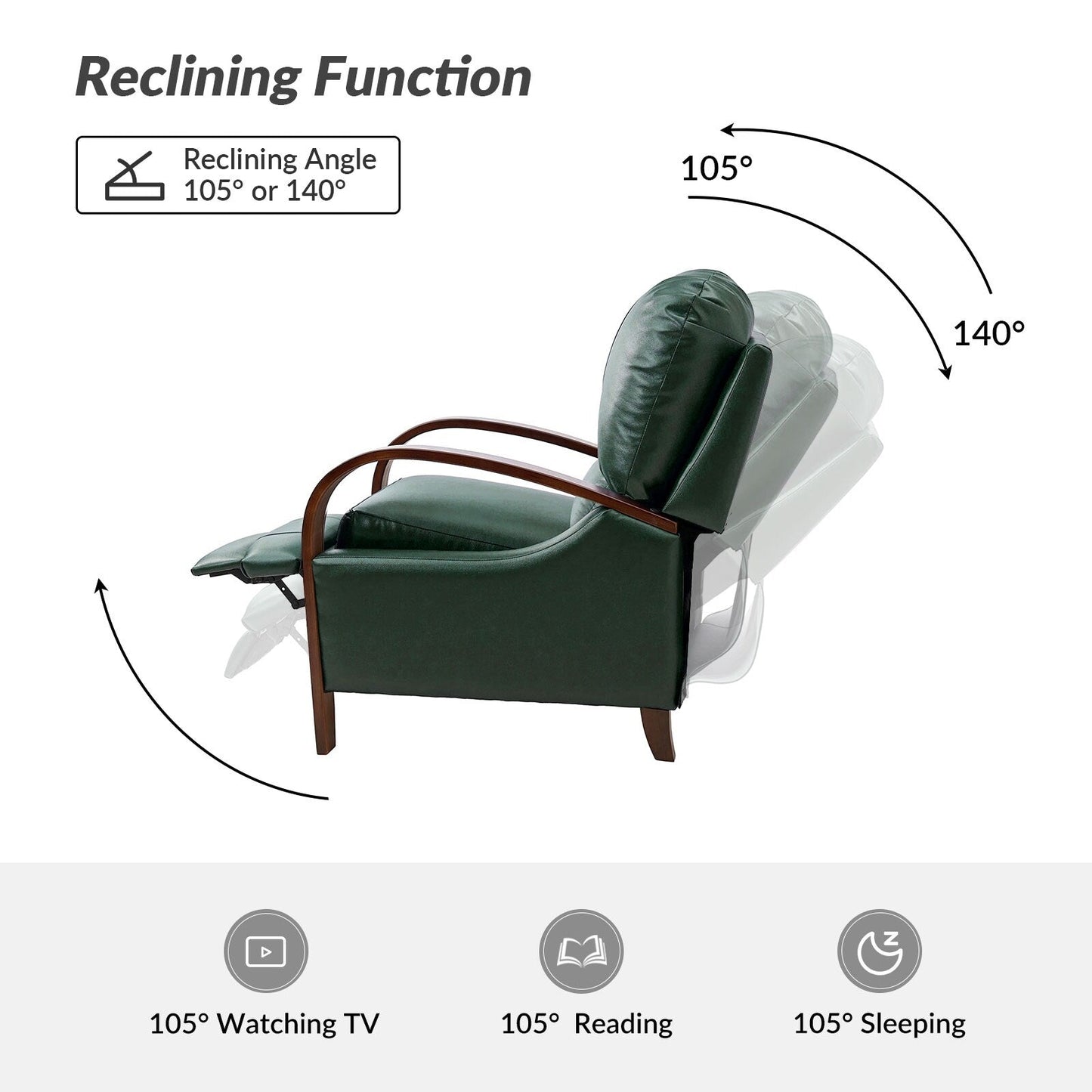 Poltrona reclinabile manuale Alex Mid-Century Modern in vera pelle con braccioli curvi in ​​legno, set da 2