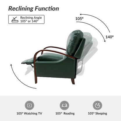 Poltrona reclinabile manuale Alex Mid-Century Modern in vera pelle con braccioli curvi in ​​legno, set da 2