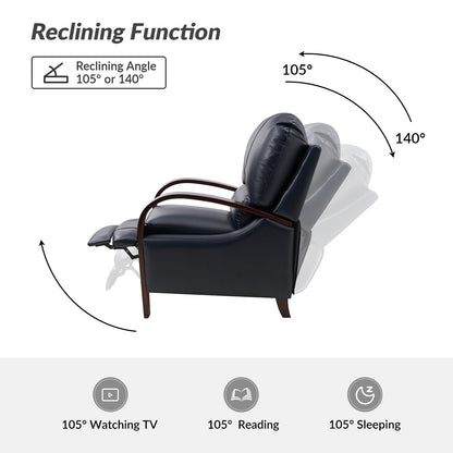 Poltrona reclinabile manuale Alex Mid-Century Modern in vera pelle con braccioli curvi in ​​legno, set da 2