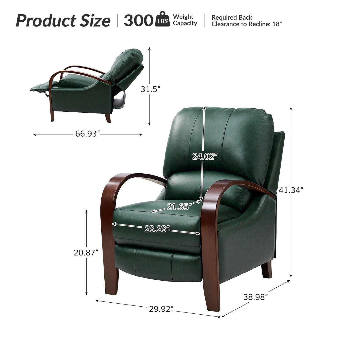 Poltrona reclinabile manuale Alex Mid-Century Modern in vera pelle con braccioli curvi in ​​legno, set da 2