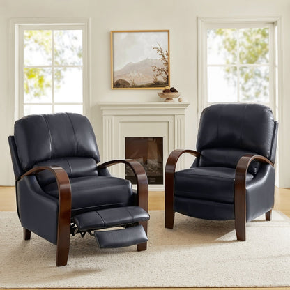 Poltrona reclinabile manuale Alex Mid-Century Modern in vera pelle con braccioli curvi in ​​legno, set da 2