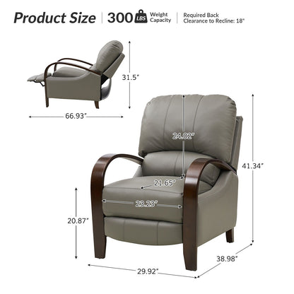 Poltrona reclinabile manuale Alex Mid-Century Modern in vera pelle con braccioli curvi in ​​legno, set da 2