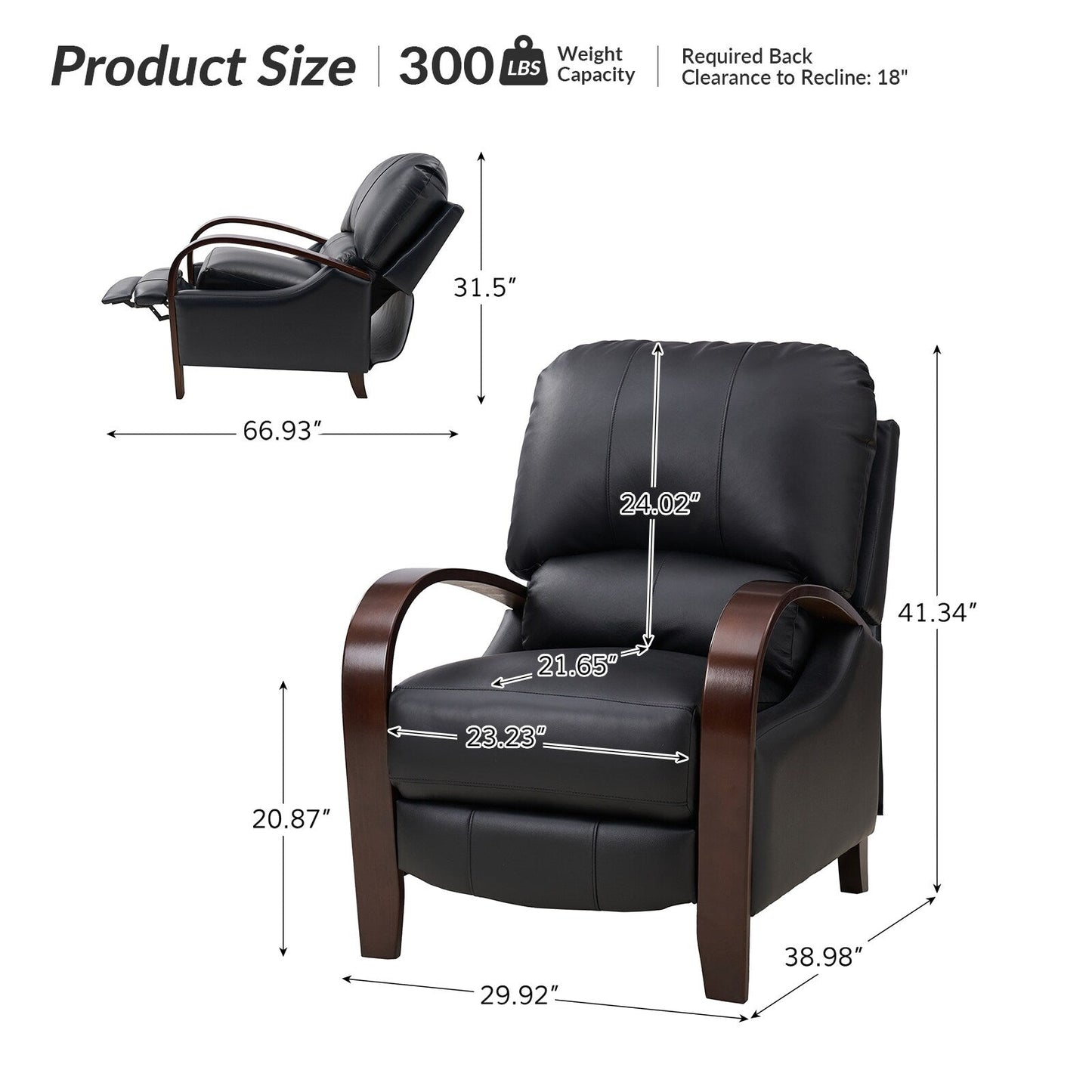 Poltrona reclinabile manuale Alex Mid-Century Modern in vera pelle con braccioli curvi in ​​legno, set da 2