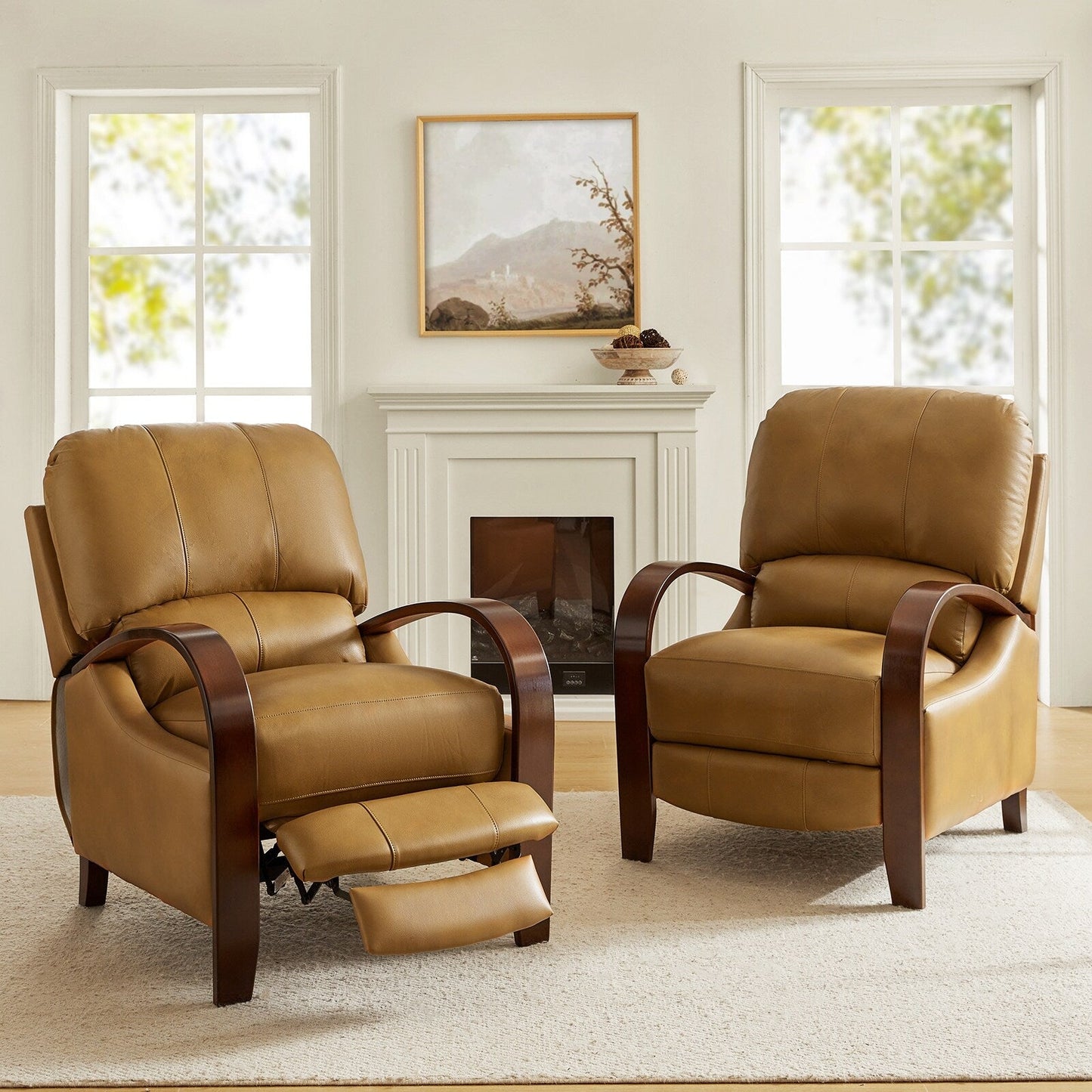 Poltrona reclinabile manuale Alex Mid-Century Modern in vera pelle con braccioli curvi in ​​legno, set da 2