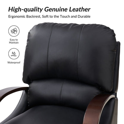 Poltrona reclinabile manuale Alex Mid-Century Modern in vera pelle con braccioli curvi in ​​legno, set da 2