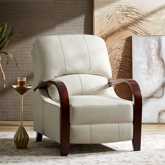 Poltrona reclinabile manuale Alex Mid-Century Modern in vera pelle con braccioli curvi in ​​legno
