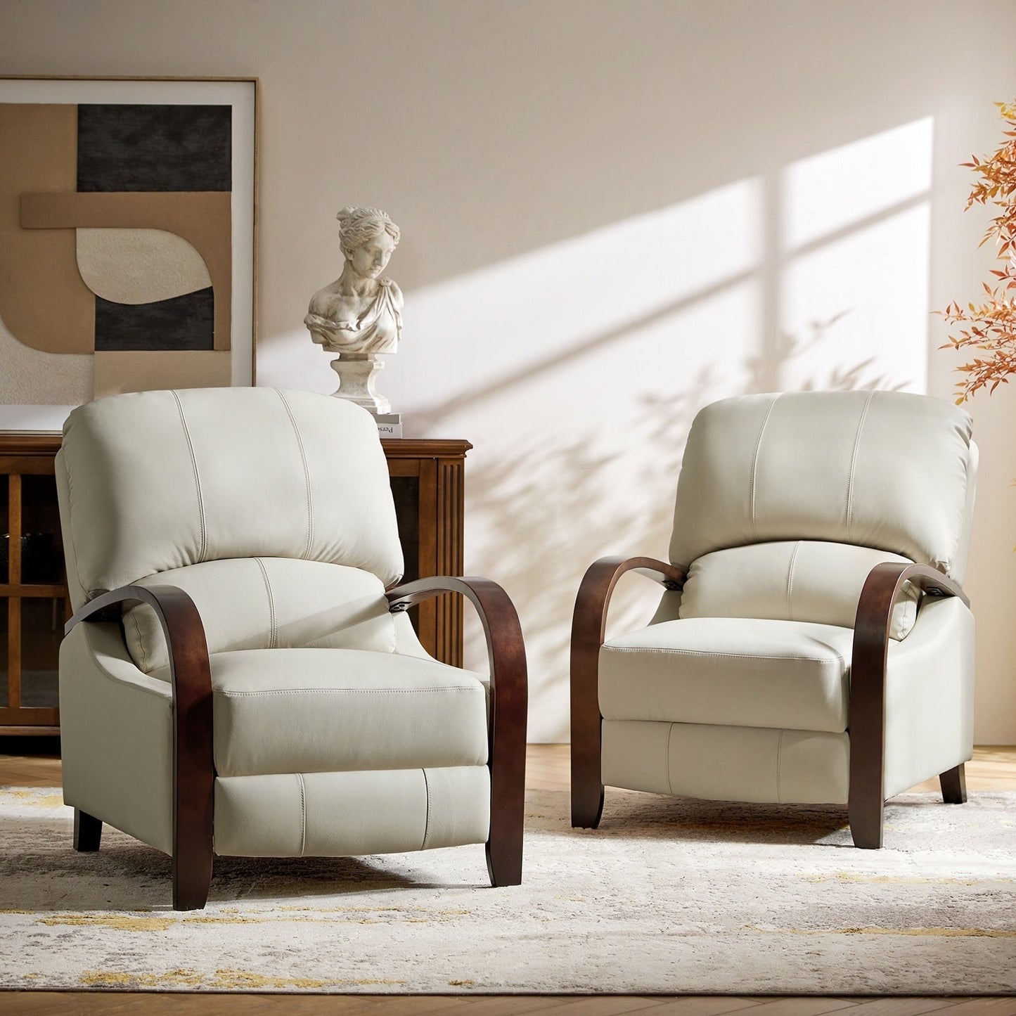 Poltrona reclinabile manuale Alex Mid-Century Modern in vera pelle con braccioli curvi in ​​legno, set da 2