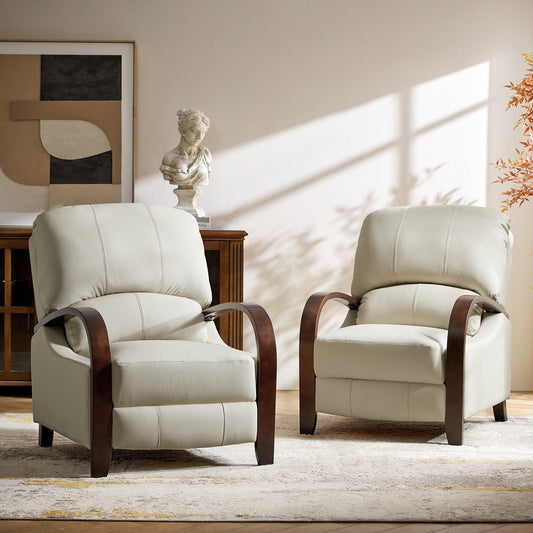 Poltrona reclinabile manuale Alex Mid-Century Modern in vera pelle con braccioli curvi in ​​legno, set da 2