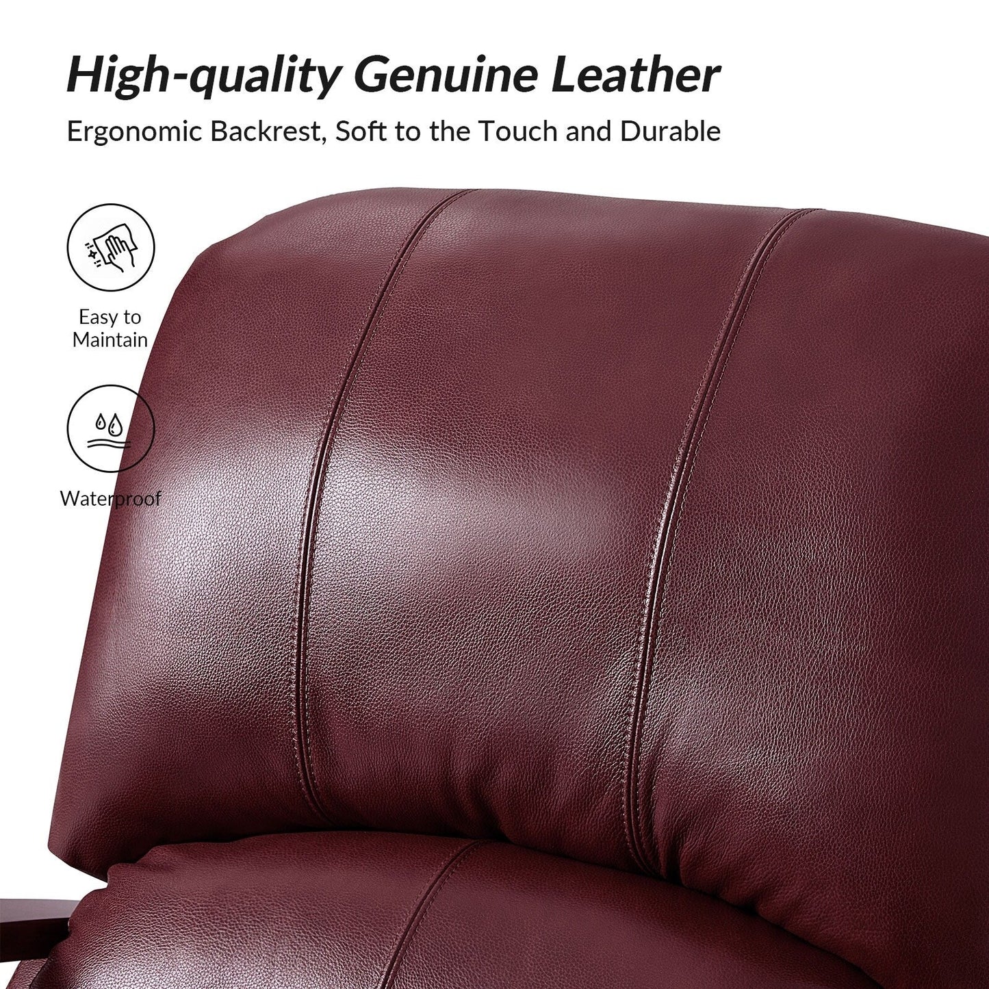 Poltrona reclinabile manuale Alex Mid-Century Modern in vera pelle con braccioli curvi in ​​legno, set da 2