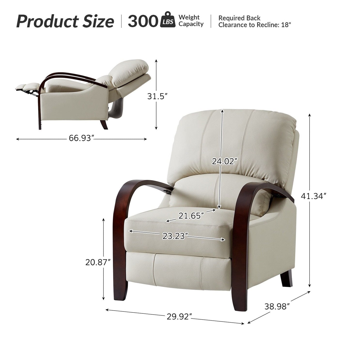 Poltrona reclinabile manuale Alex Mid-Century Modern in vera pelle con braccioli curvi in ​​legno, set da 2