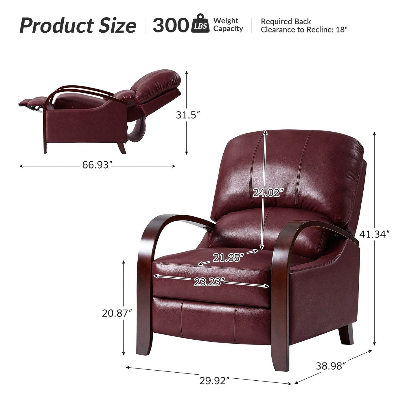 Poltrona reclinabile manuale Alex Mid-Century Modern in vera pelle con braccioli curvi in ​​legno, set da 2
