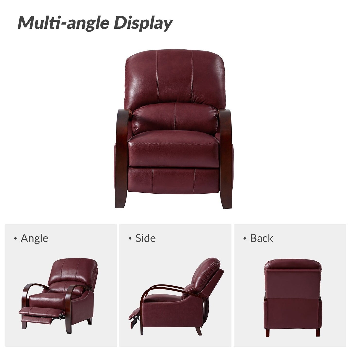 Poltrona reclinabile manuale Alex Mid-Century Modern in vera pelle con braccioli curvi in ​​legno, set da 2
