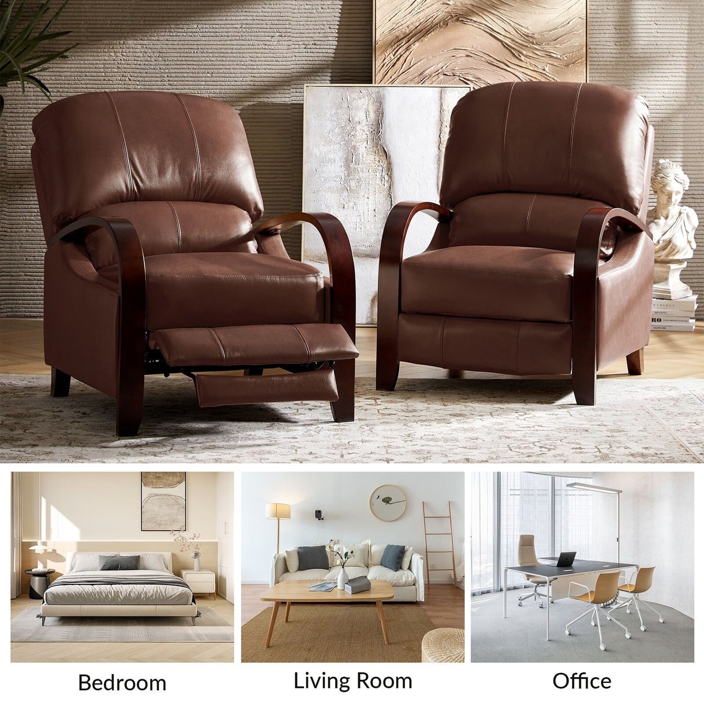 Poltrona reclinabile manuale Alex Mid-Century Modern in vera pelle con braccioli curvi in ​​legno, set da 2