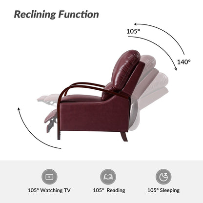 Poltrona reclinabile manuale Alex Mid-Century Modern in vera pelle con braccioli curvi in ​​legno, set da 2