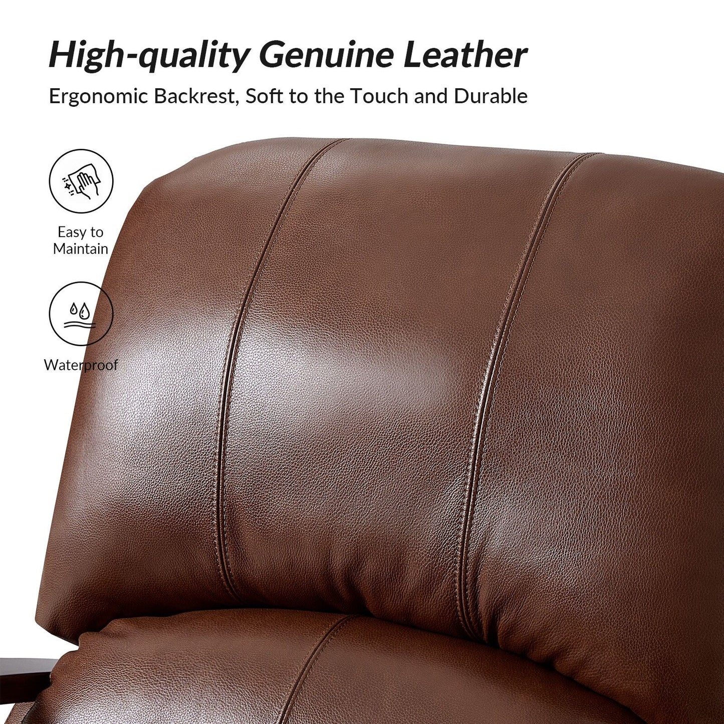 Poltrona reclinabile manuale Alex Mid-Century Modern in vera pelle con braccioli curvi in ​​legno, set da 2