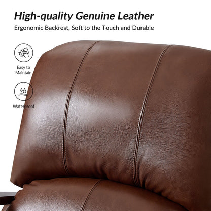 Poltrona reclinabile manuale Alex Mid-Century Modern in vera pelle con braccioli curvi in ​​legno, set da 2