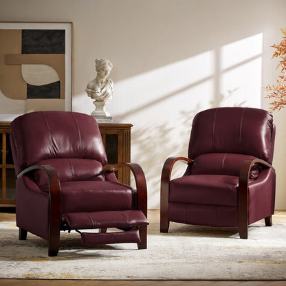 Poltrona reclinabile manuale Alex Mid-Century Modern in vera pelle con braccioli curvi in ​​legno, set da 2