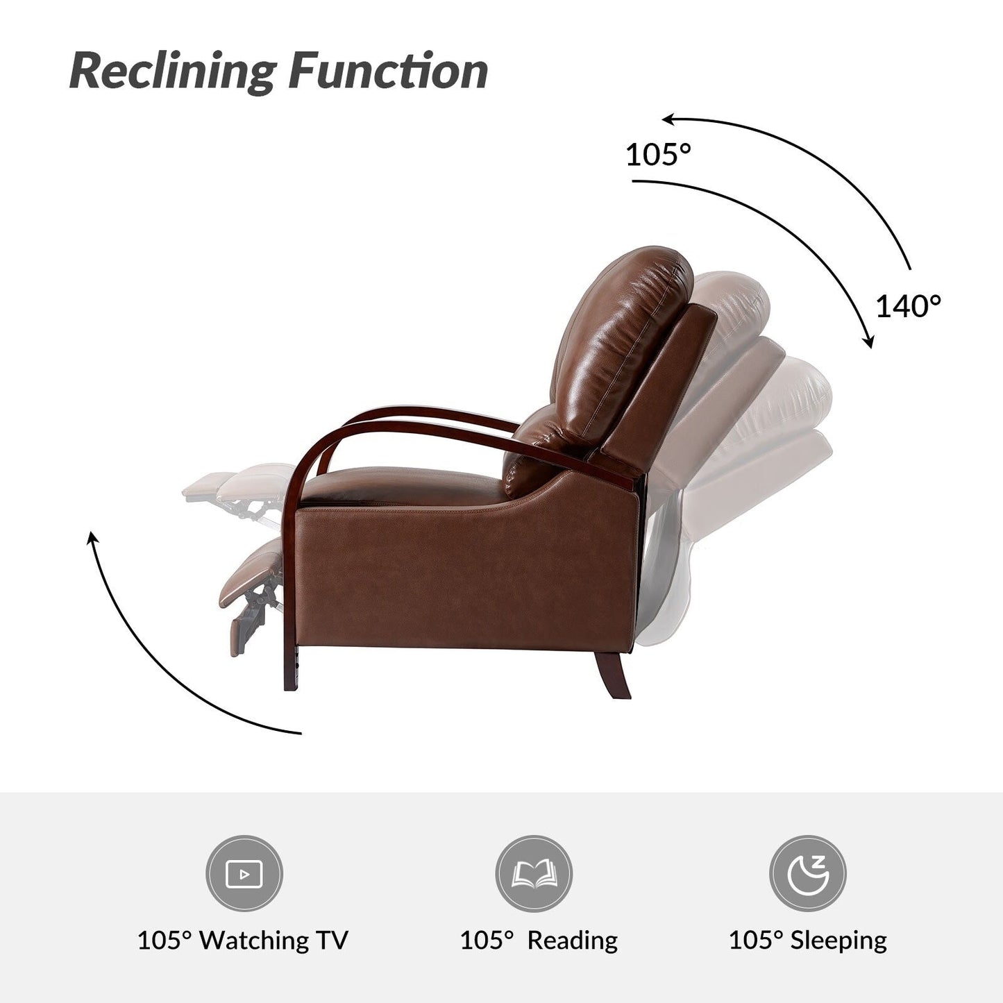 Poltrona reclinabile manuale Alex Mid-Century Modern in vera pelle con braccioli curvi in ​​legno, set da 2