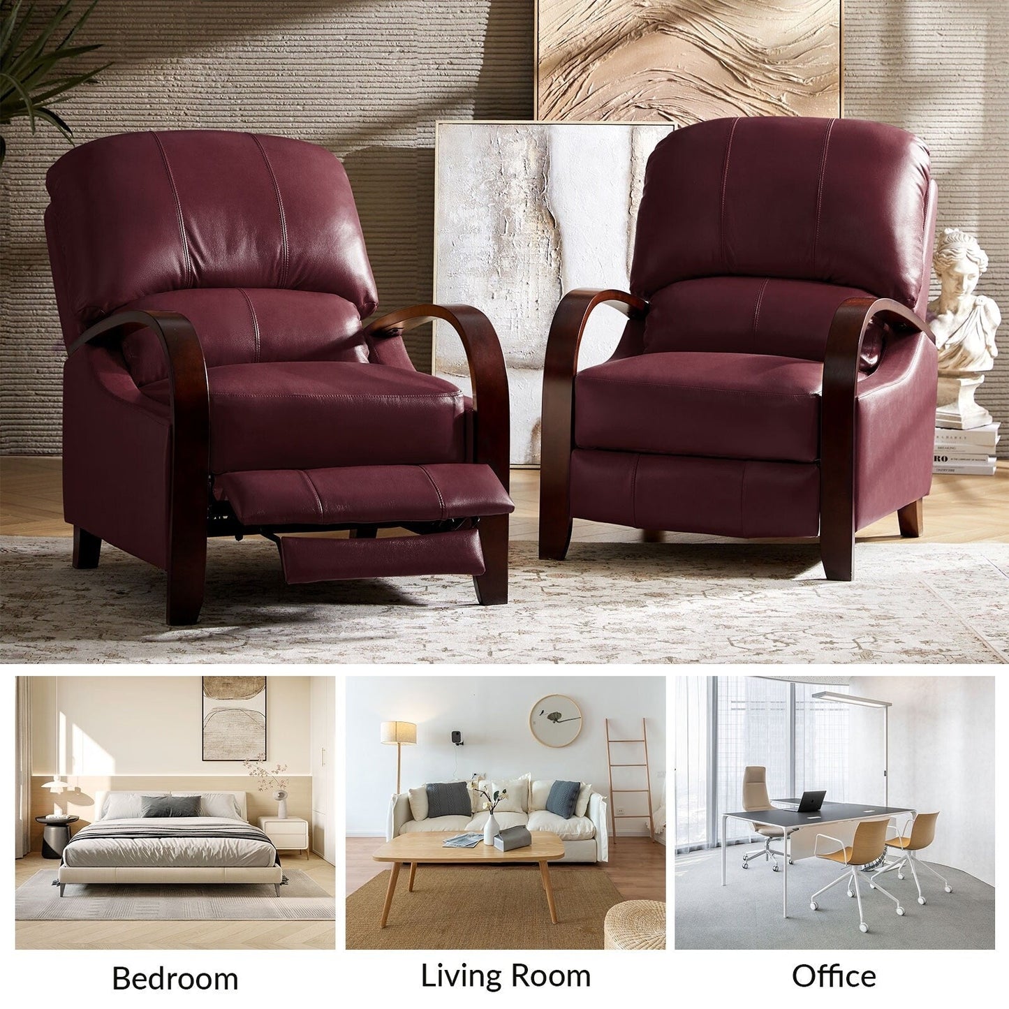 Poltrona reclinabile manuale Alex Mid-Century Modern in vera pelle con braccioli curvi in ​​legno, set da 2