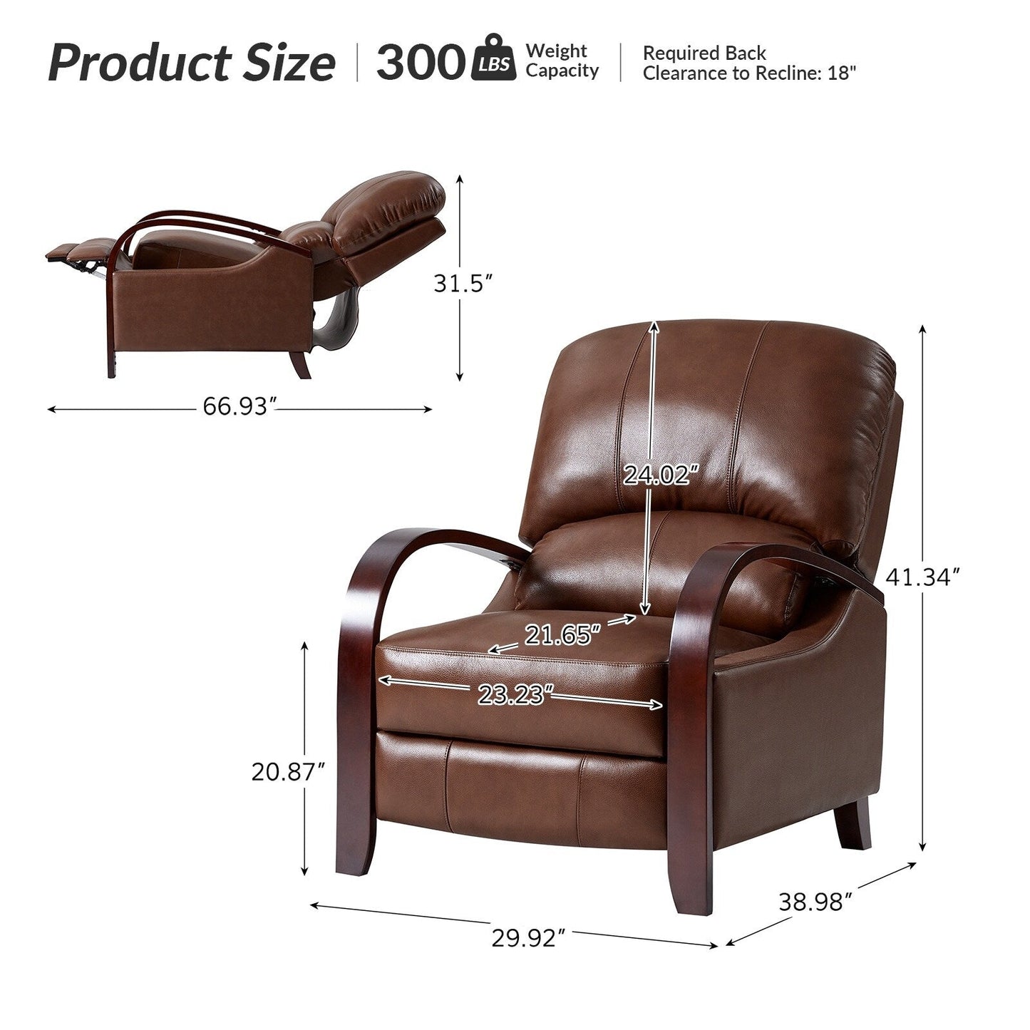 Poltrona reclinabile manuale Alex Mid-Century Modern in vera pelle con braccioli curvi in ​​legno, set da 2