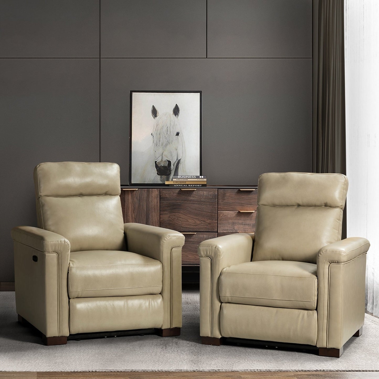 Poltrona reclinabile elettrica classica contemporanea Alicia da 34,65 pollici in vera pelle con porta USB (set da 2)