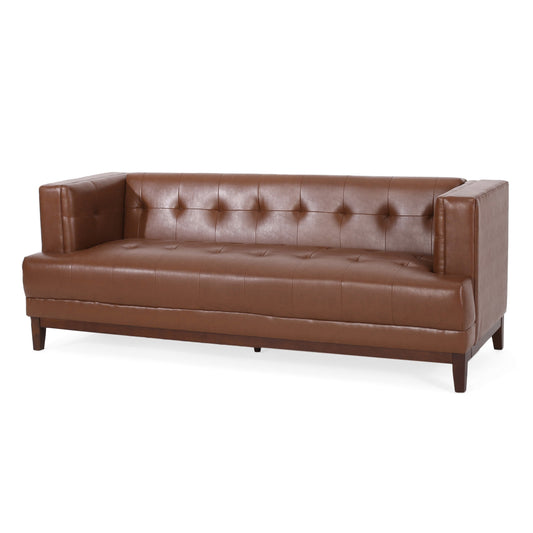 Divano Alio, 81 pollici, braccioli Tuxedo, Chesterfield Tuft in similpelle marrone