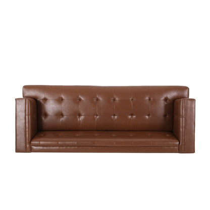 Divano Alio, 81 pollici, braccioli Tuxedo, Chesterfield Tuft in similpelle marrone