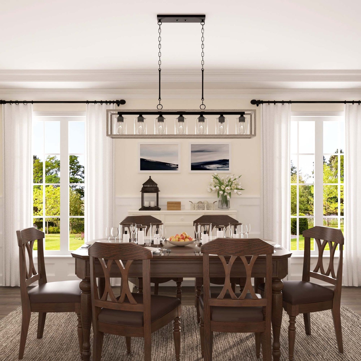 Lampadario lineare rettangolare da cucina Allegray da 52 pollici, 7 luci, stile fattoria