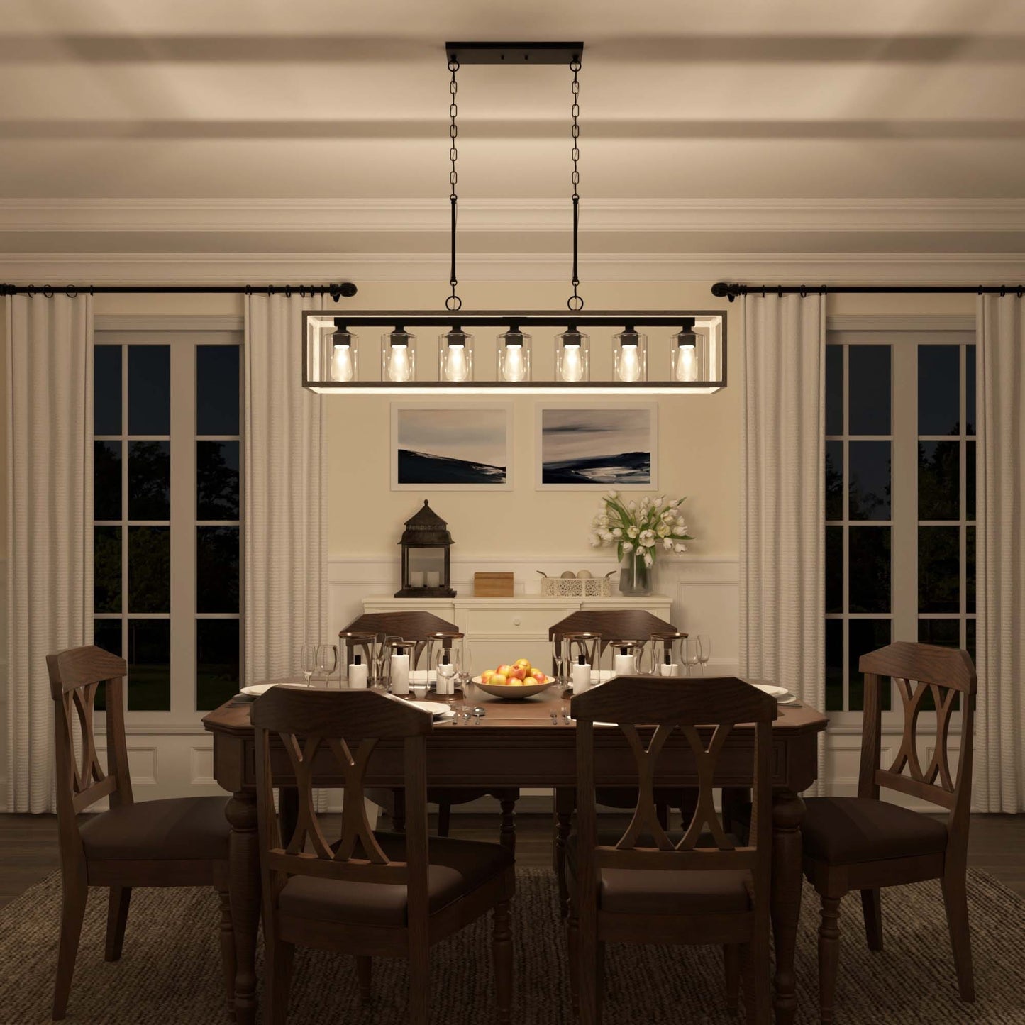 Lampadario lineare rettangolare da cucina Allegray da 52 pollici, 7 luci, stile fattoria