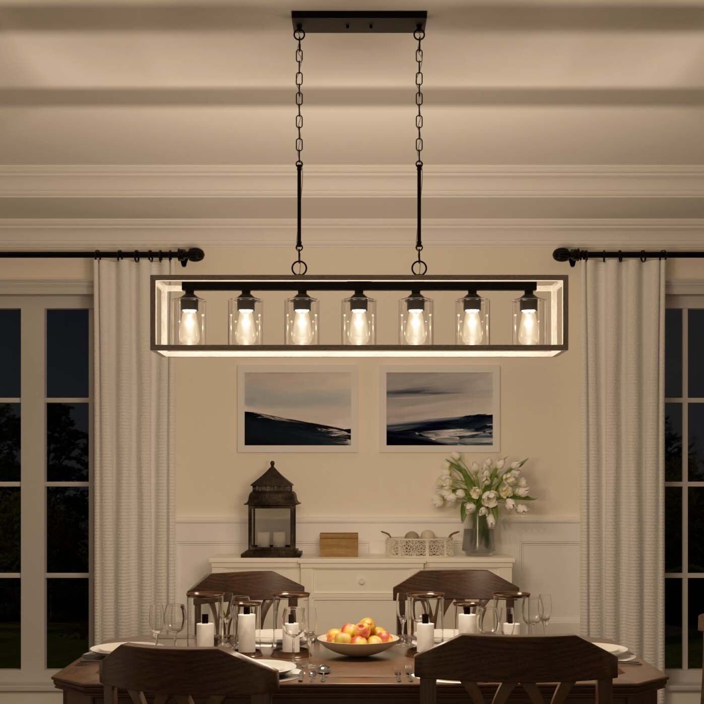 Lampadario lineare rettangolare da cucina Allegray da 52 pollici, 7 luci, stile fattoria