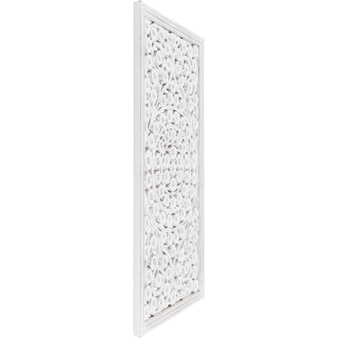 Pannello da parete Allen White Washed intagliato a mano da 48x28 pollici con intarsio a specchio
