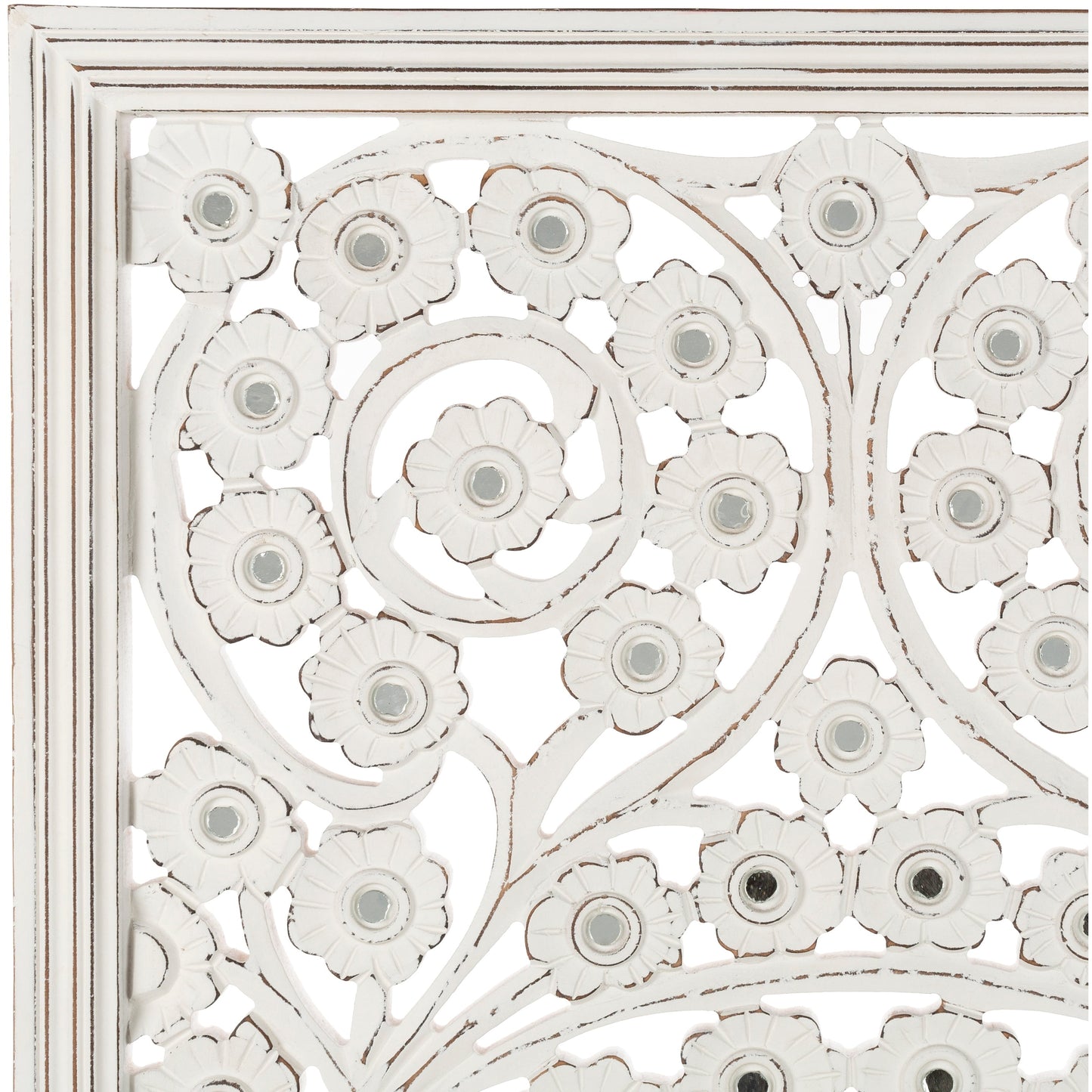 Pannello da parete Allen White Washed intagliato a mano da 48x28 pollici con intarsio a specchio