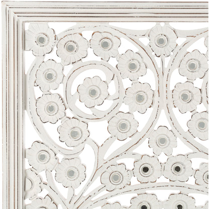 Pannello da parete Allen White Washed intagliato a mano da 48x28 pollici con intarsio a specchio