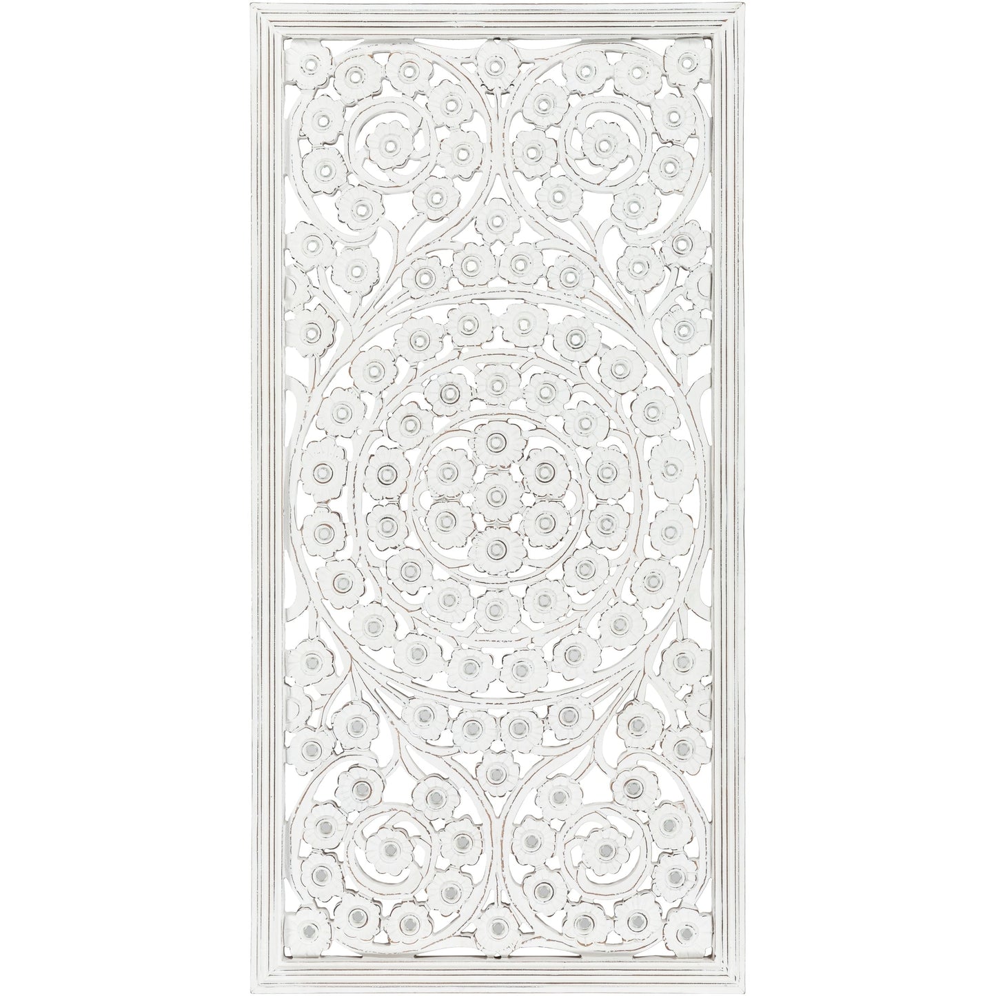 Pannello da parete Allen White Washed intagliato a mano da 48x28 pollici con intarsio a specchio