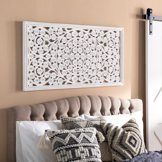 Pannello da parete Allen White Washed intagliato a mano da 48x28 pollici con intarsio a specchio