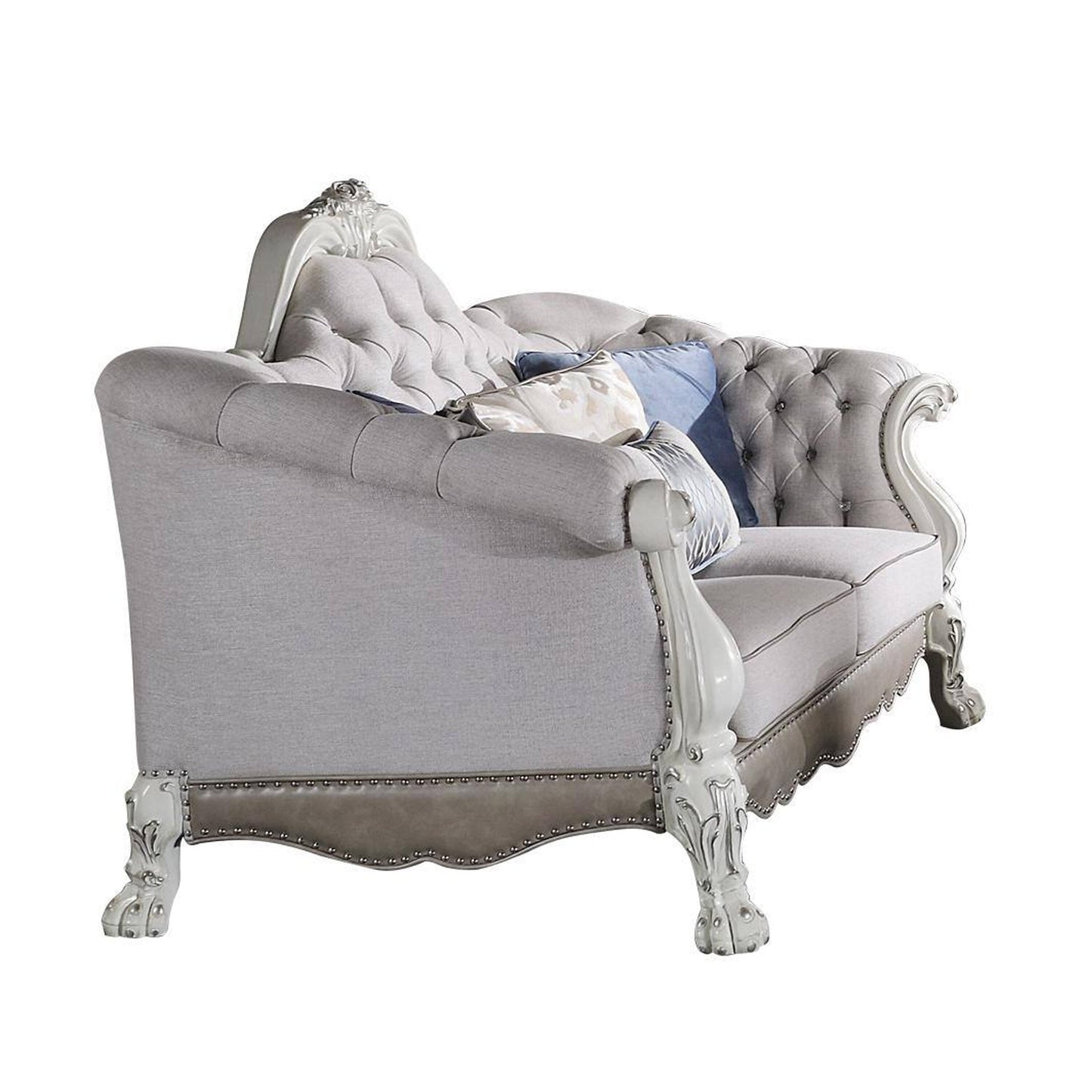Divano Ally, 7 cuscini decorativi, similpelle bianco osso classico, 96 pollici