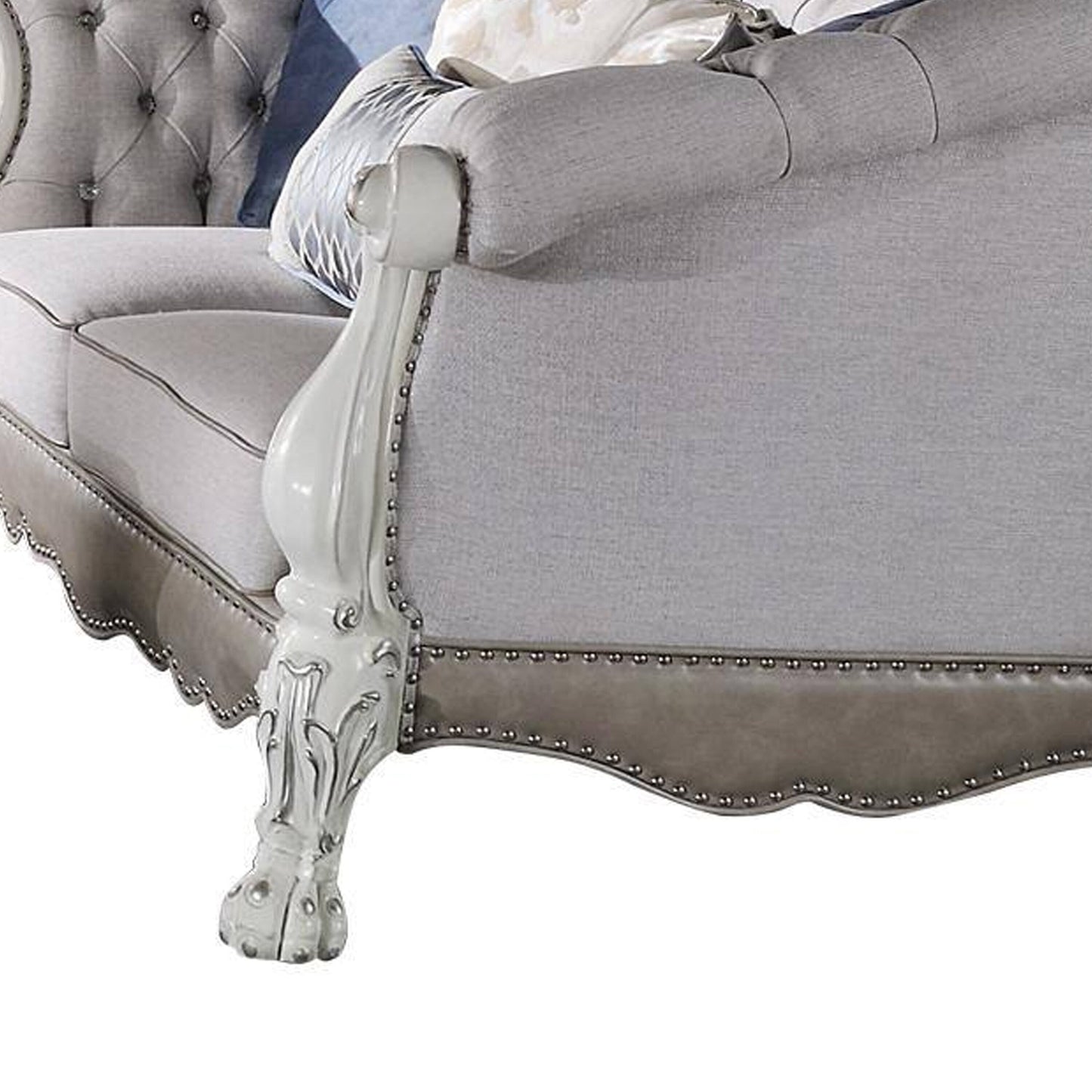 Divano Ally, 7 cuscini decorativi, similpelle bianco osso classico, 96 pollici
